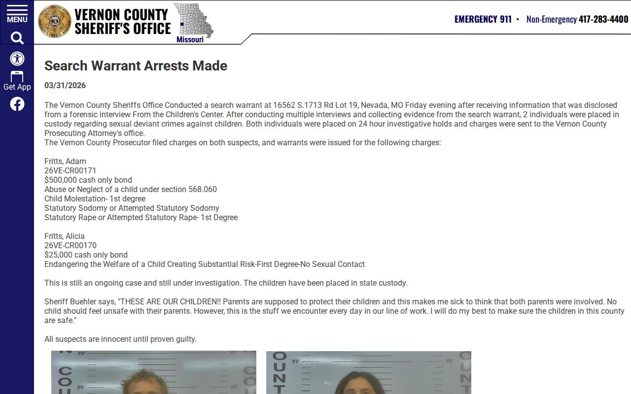 Vernon County Sheriff arrest announcement record source