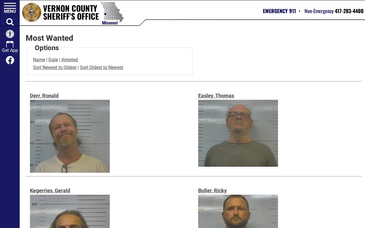 Vernon County wanted-fugitive record source on the Sheriff list